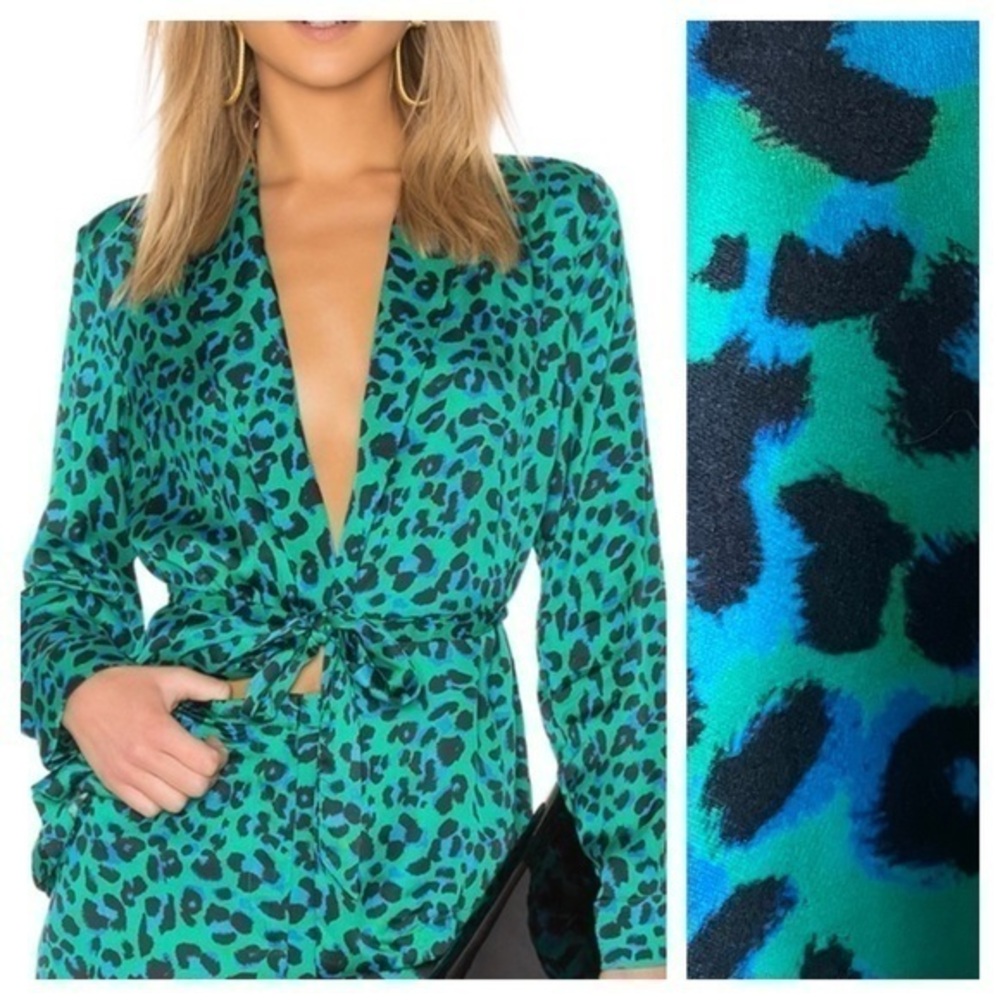 LPA Jacket 621 Jade Blue Green Leopard Print Satin Blazer Jacket XS